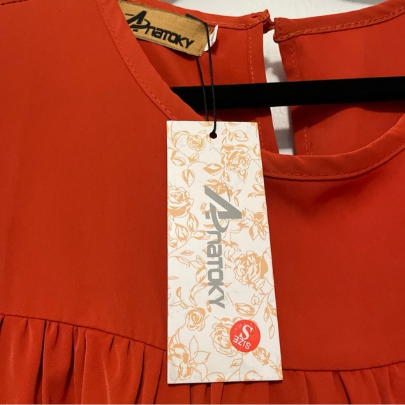 NWT ANATOKY SUMMER DRESS SMALL WITH FLUTTER SLEEVES AND TIERED BRICK RED - Picture 4 of 7